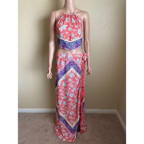 Lovers and Friends Boho Floral Halter Top and Wrap Skirt Large